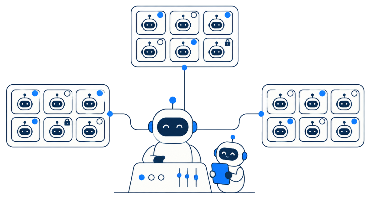 A conductor and a private assistant at the center, connected to grouped teams of agent cards showing working, idle, and private states