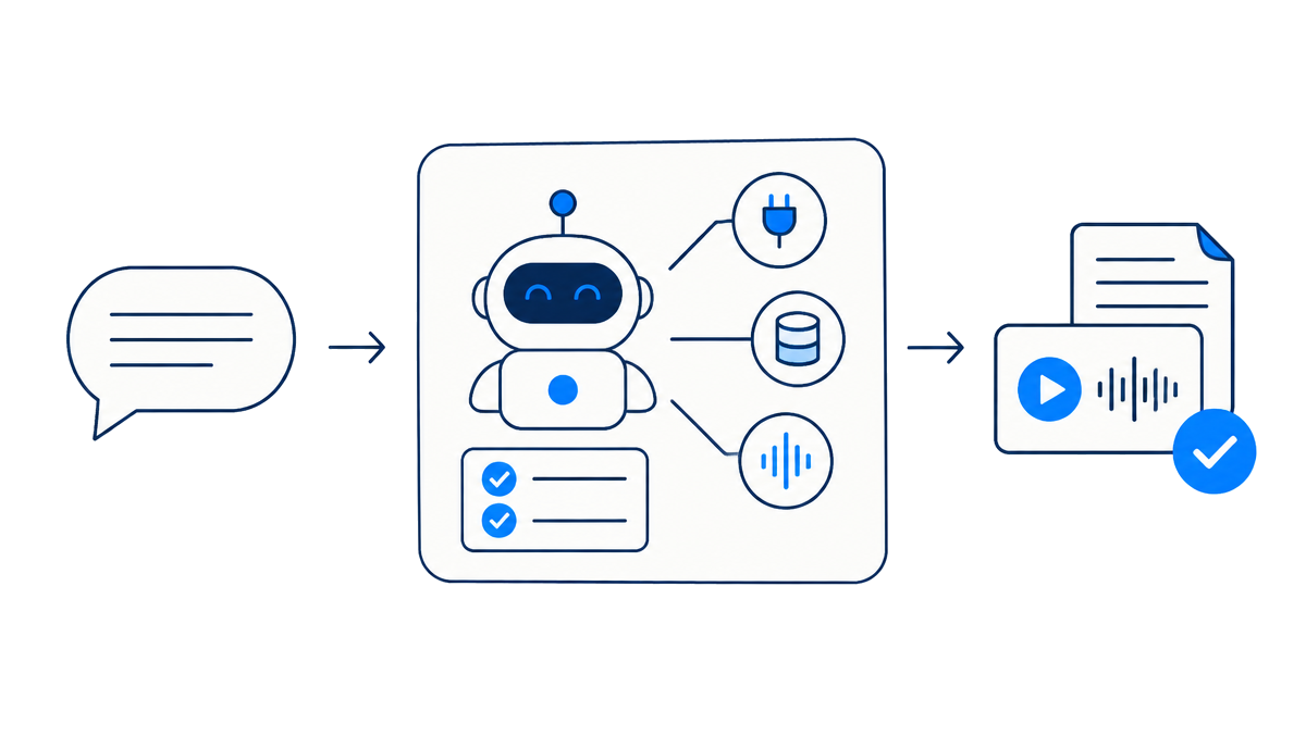 A plain-language assignment moves into a contained agent workspace using connected tools, then out as a saved, approved work output