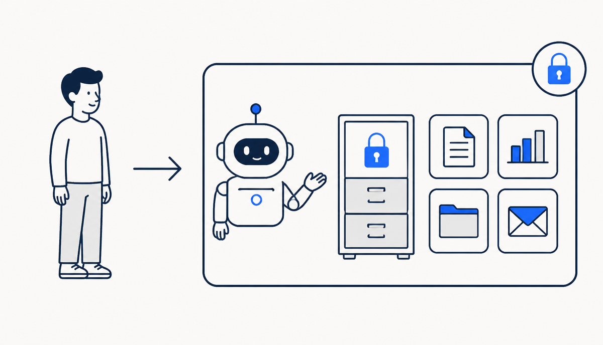 A person alongside their own private assistant workspace holding their documents, mail, and data behind a lock