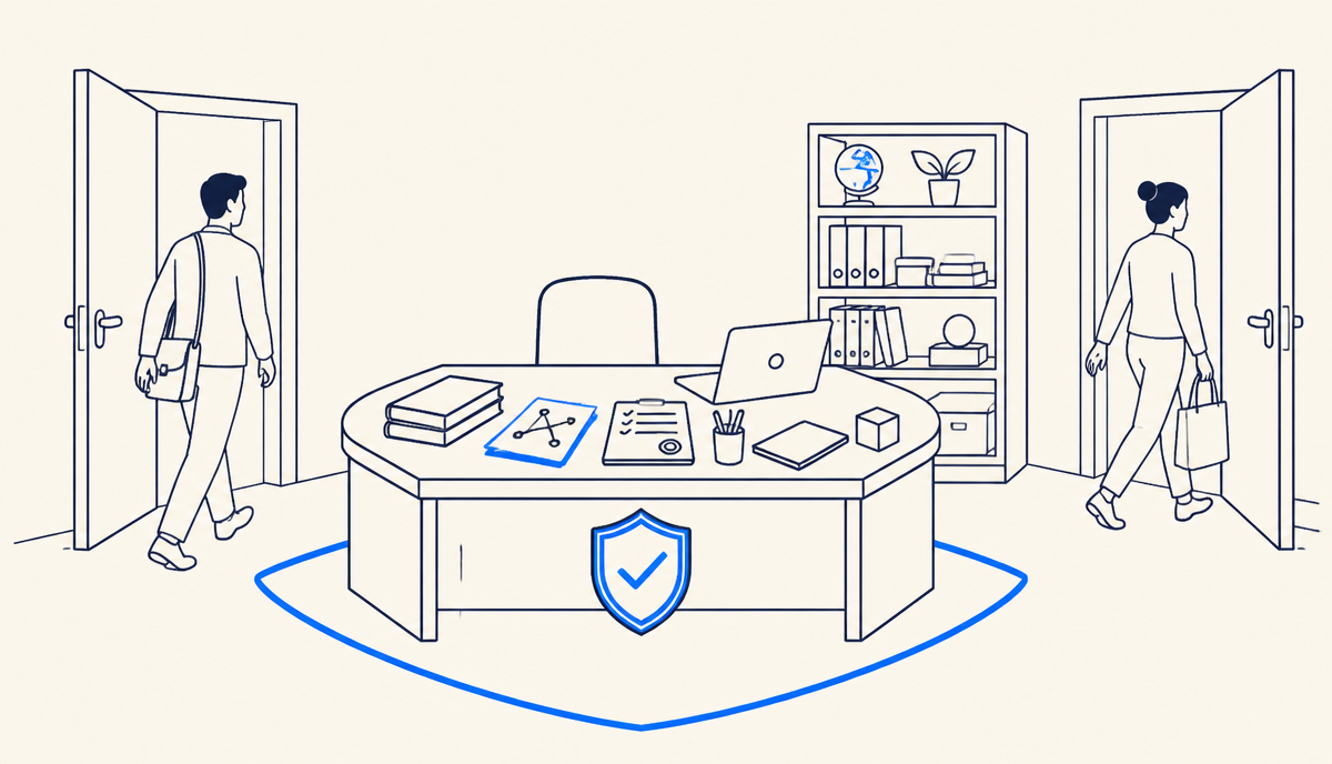 A durable governed workplace where temporary workers enter and leave, while documents, tools, and evidence remain inside.